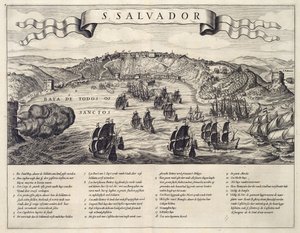Gezicht op de slag om stad San Salvador in de Allerheiligenbaai tussen Nederlanders en Portugezen vuonna 1624 tekijältä B. Elsevier